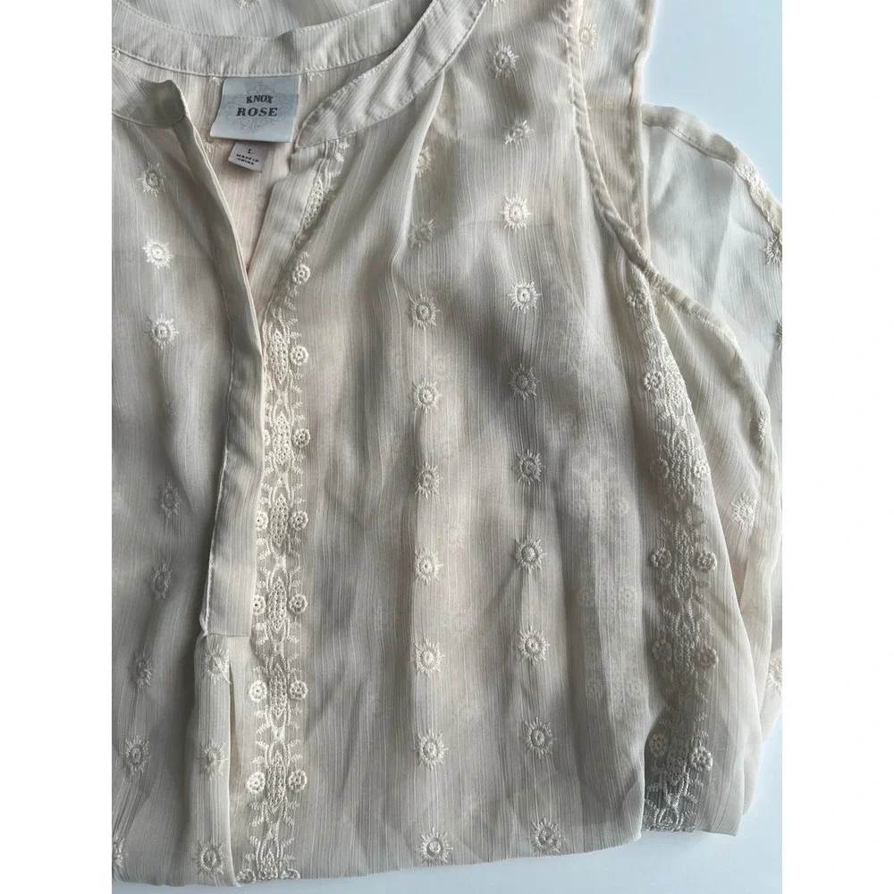 Women's Size Large Sheer Cream Embroidered Tunic Top High Low Boho Festival - Picture 4 of 10